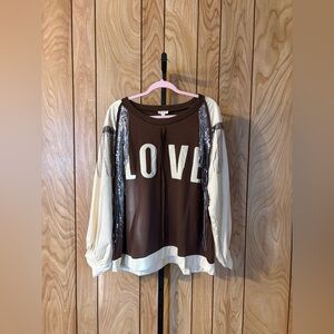 POL Brown & Ivory LOVE Sequin Fringe Statement Top